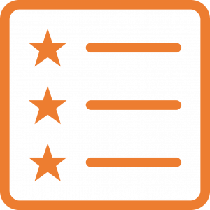 Icon in Orange mit drei Sternen links in einer Auflistung plus drei Linien rechts davon